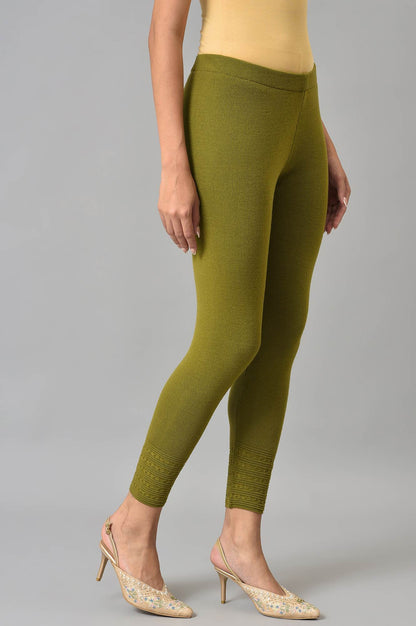 Olive Knitted Winter Leggings With Pintucks