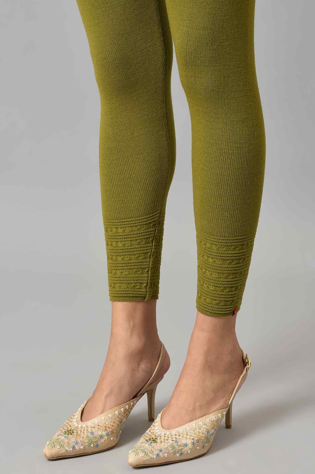 Olive Knitted Winter Leggings With Pintucks