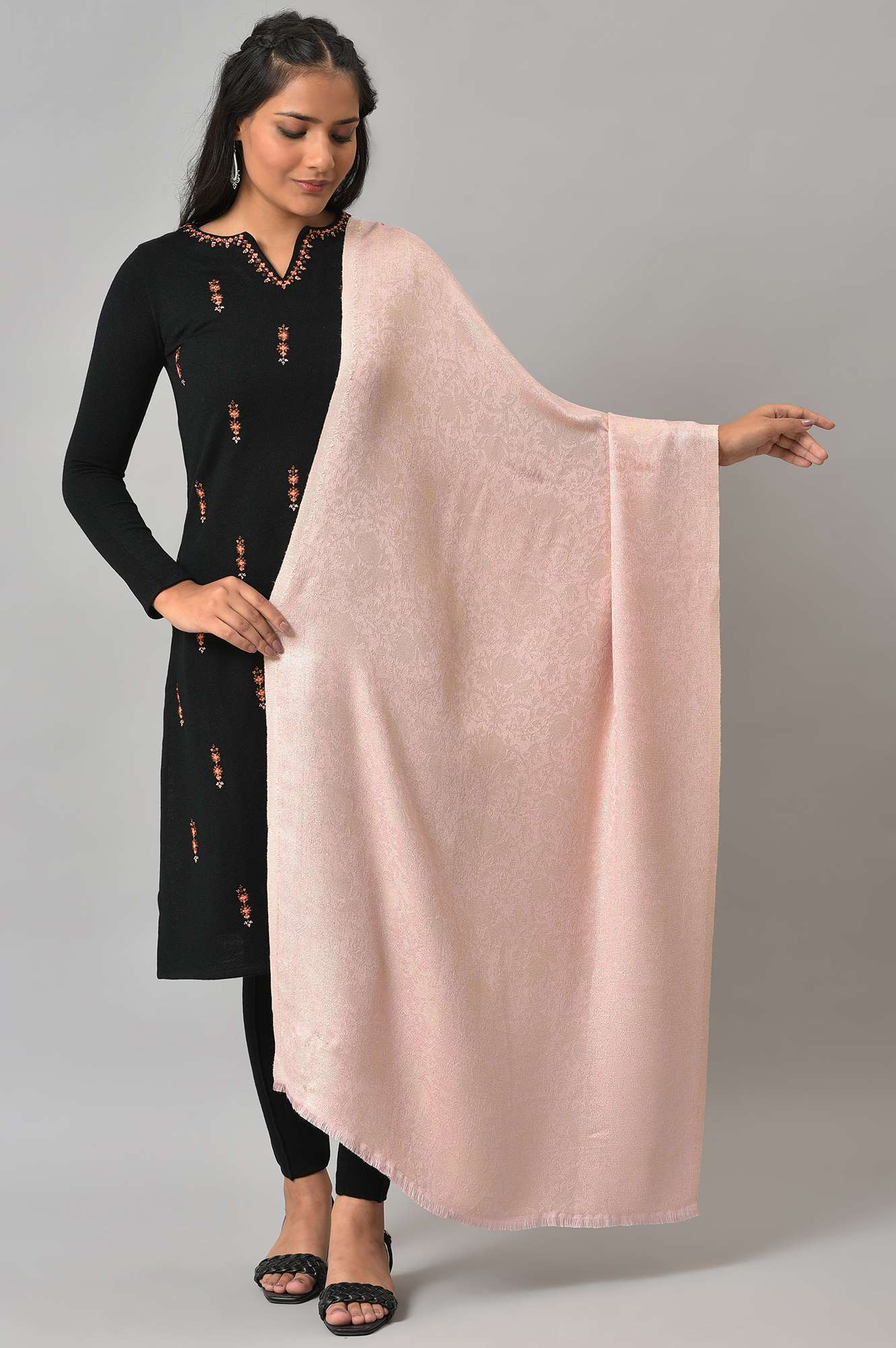 Peach Lurex Jacquard Winter Shawl