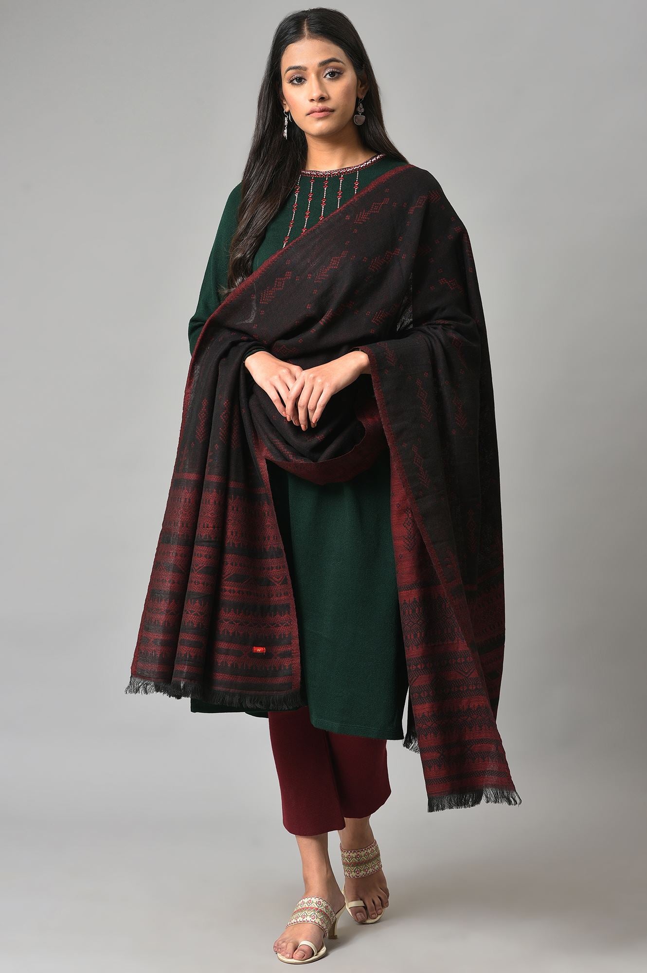 Black And Red Reversible Jacquard Shawl