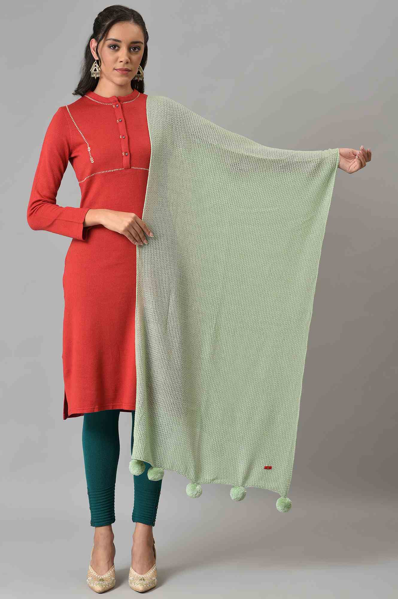 Green Knitted Pom Pom Shawl