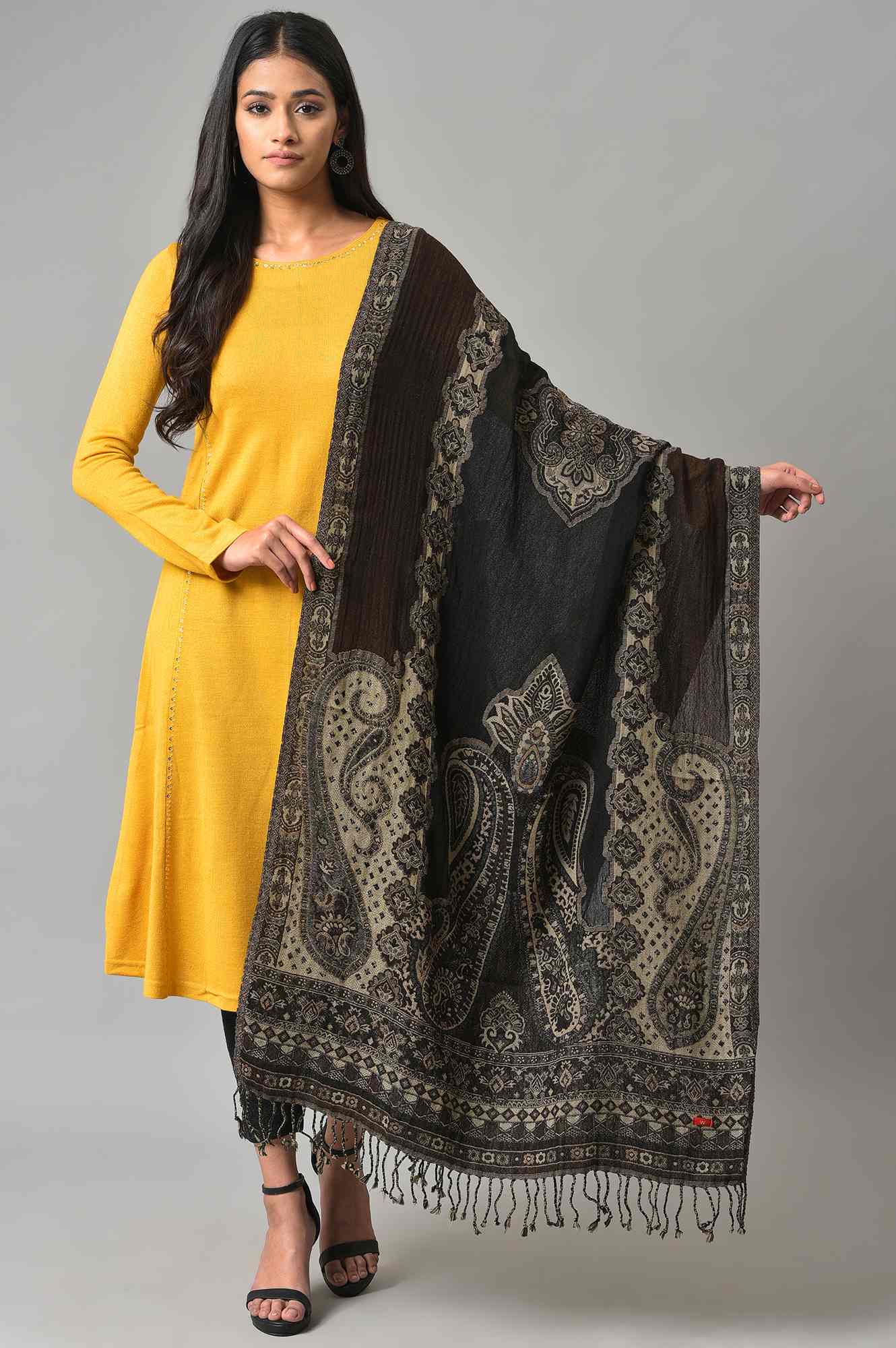 Black And Brown Paisley Printed Shawl