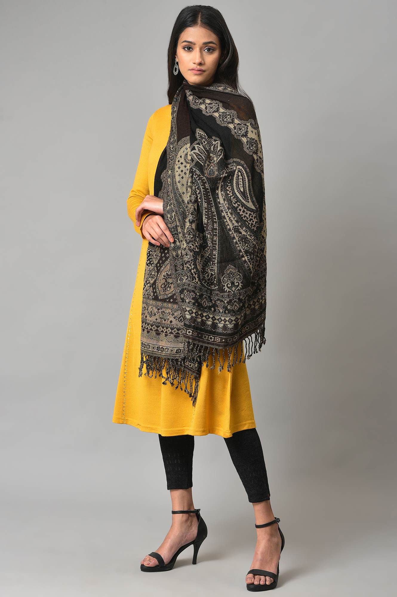 Black And Brown Paisley Printed Shawl