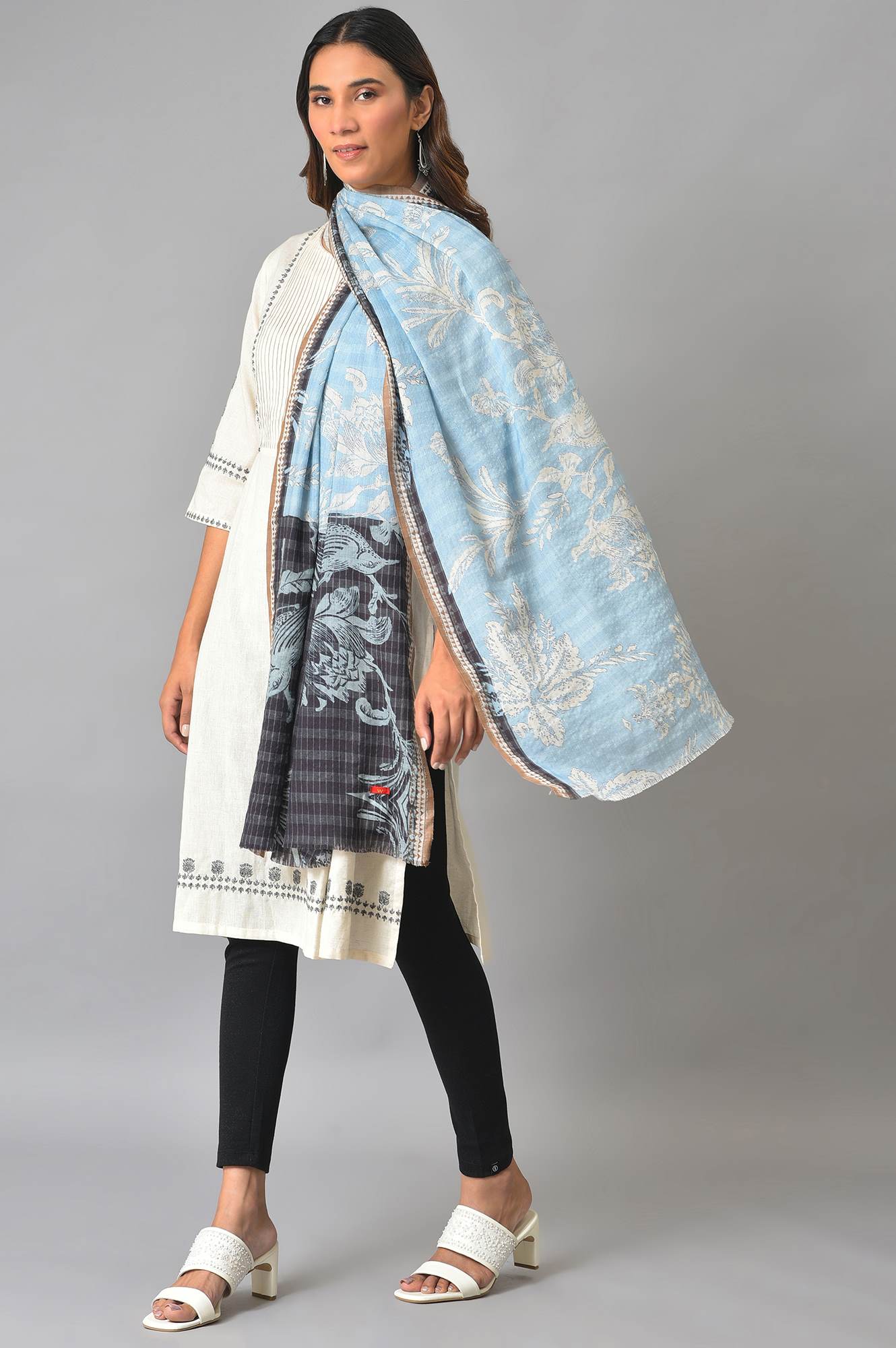 Blue And Black Floral Printed Women Shawl