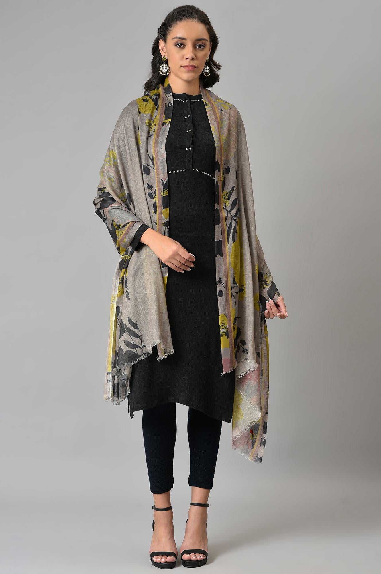 Grey Digital Floral Printed Shawl