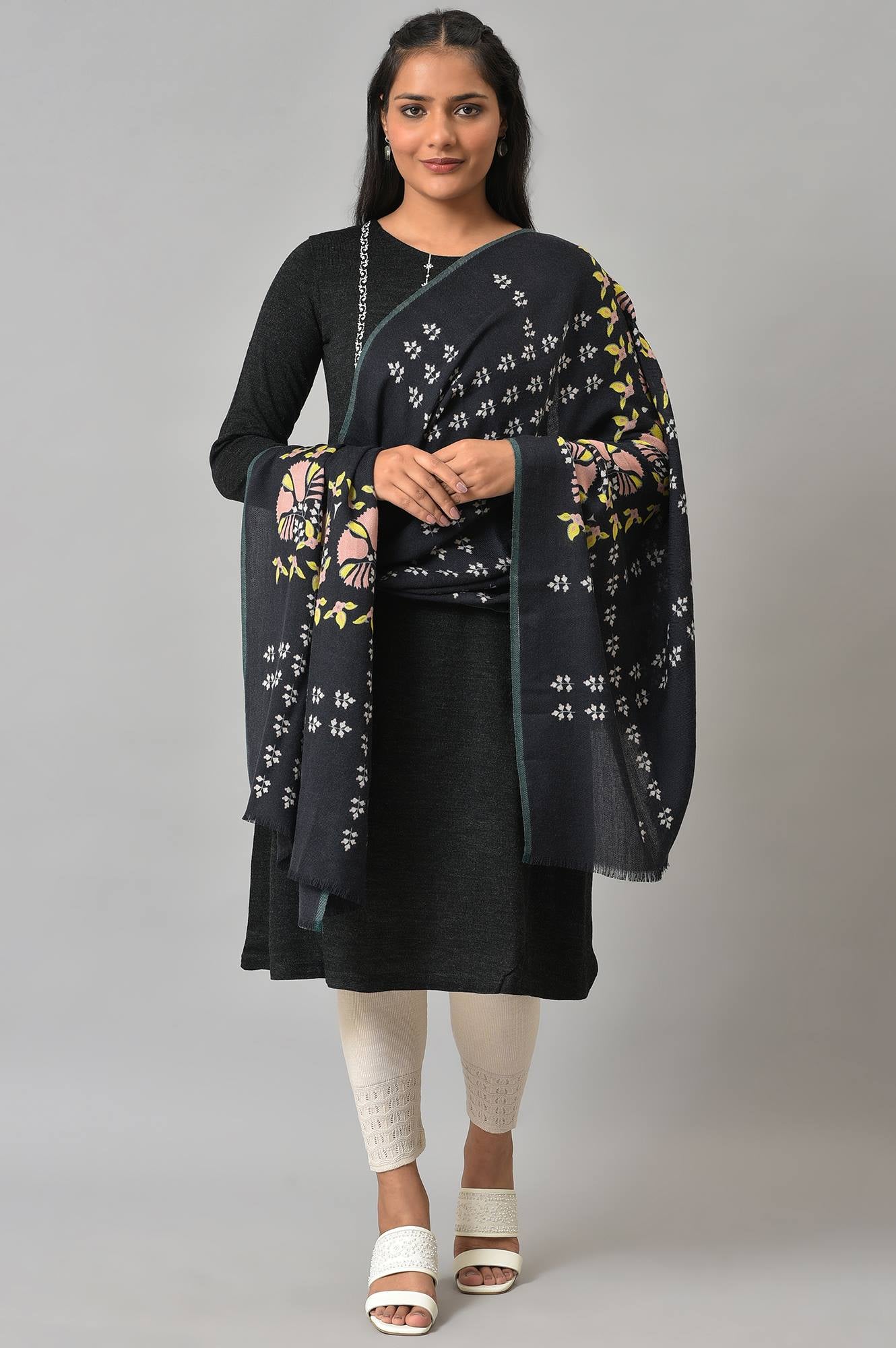 Black Floral Printed Shawl