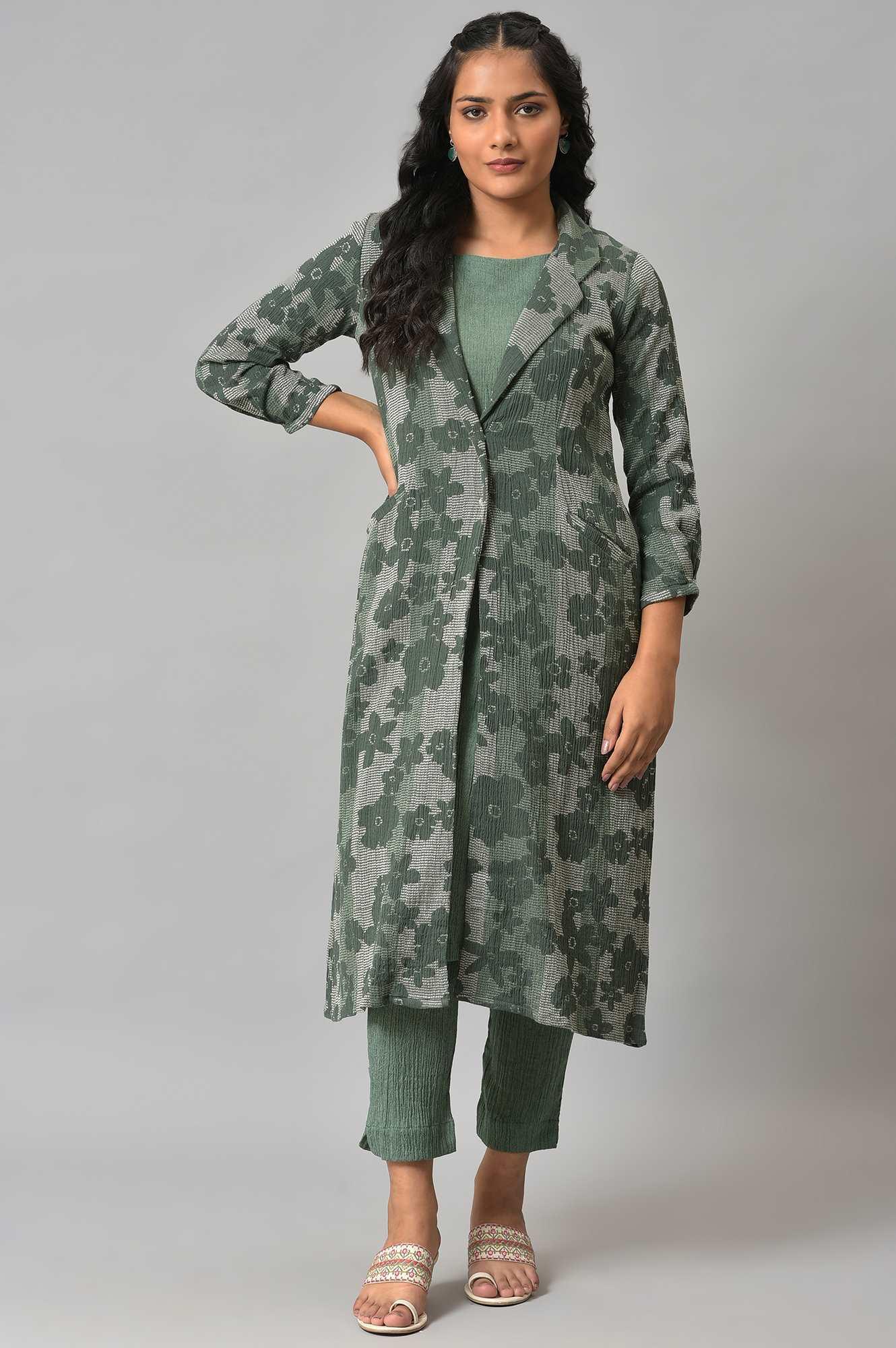 Buy Green Printed Longline Jacket With kurta And Pants 7999 W