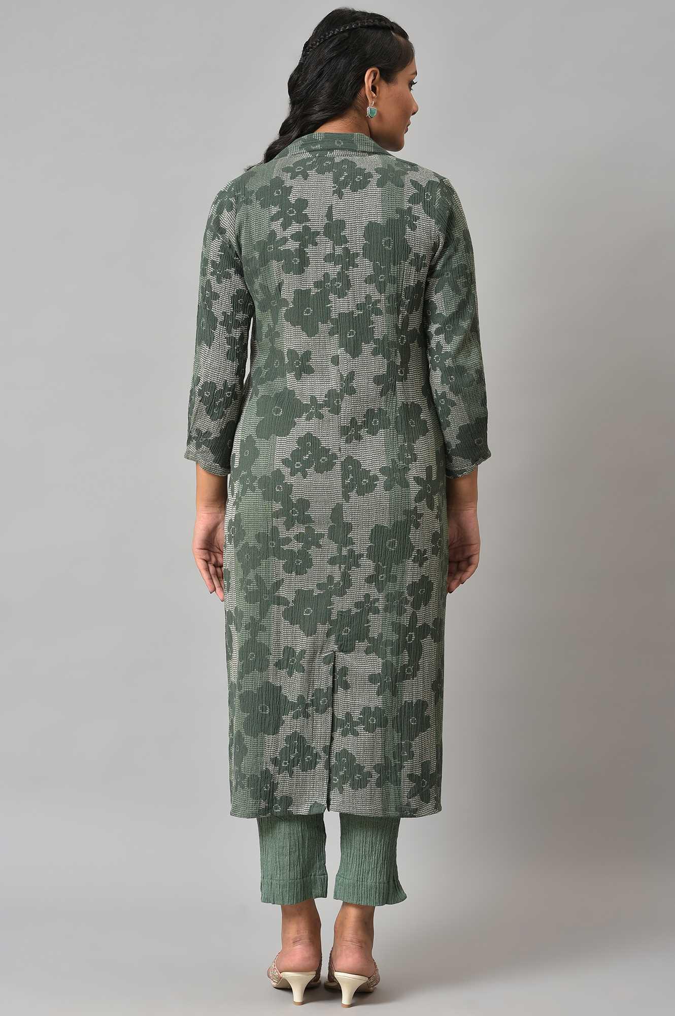 Green Printed Longline Jacket With kurta And Pants - wforwoman