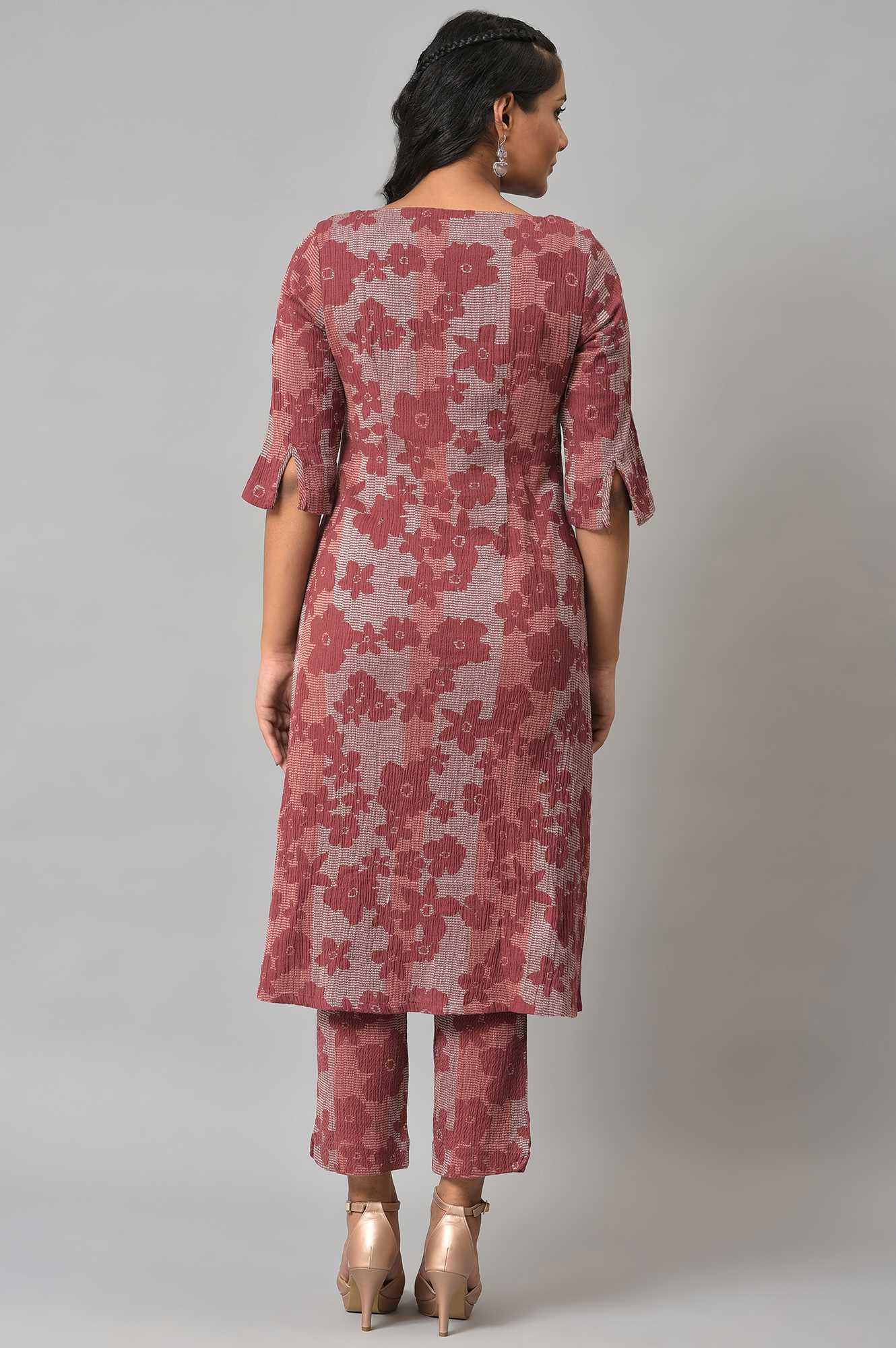 Brown Floral Printed kurta With Slim Pants - wforwoman