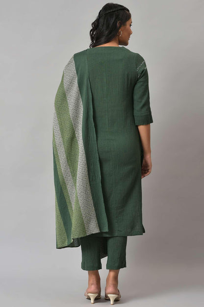 Dark Green 2-Tone Cotton kurta With Slim Pants And Dupatta - wforwoman