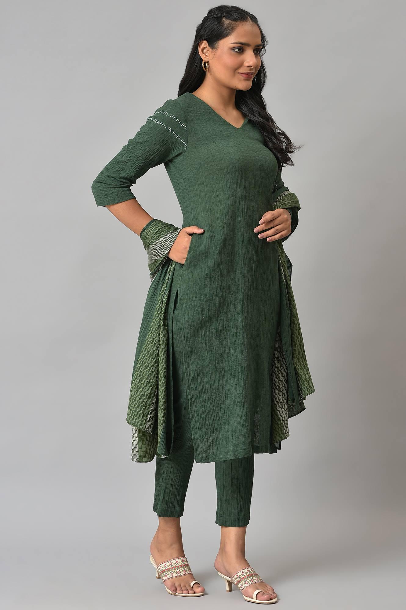 Dark Green 2-Tone Cotton kurta With Slim Pants And Dupatta - wforwoman