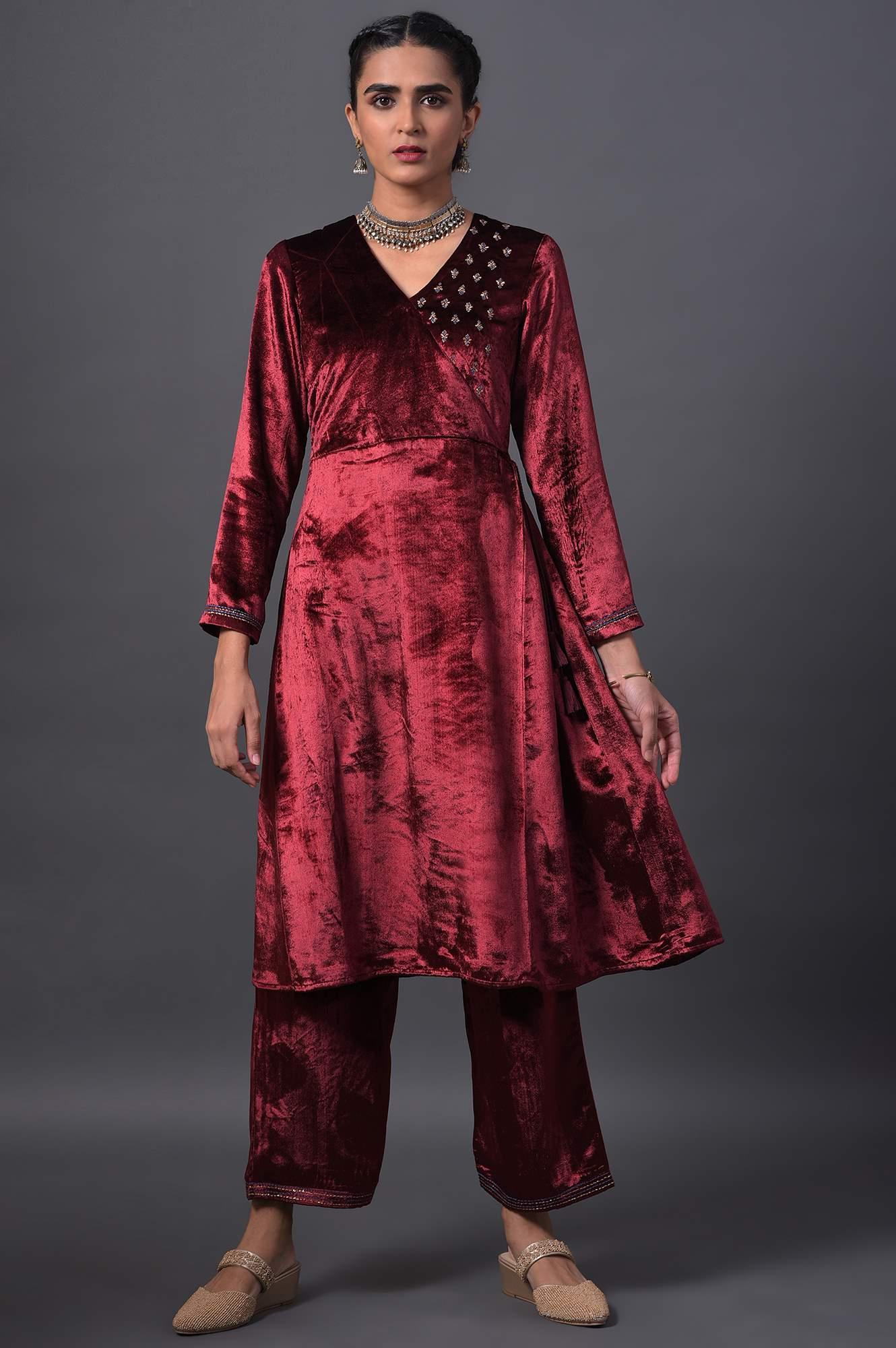 Red Mock Angrakha Embroidered kurta With Straight Pants - wforwoman