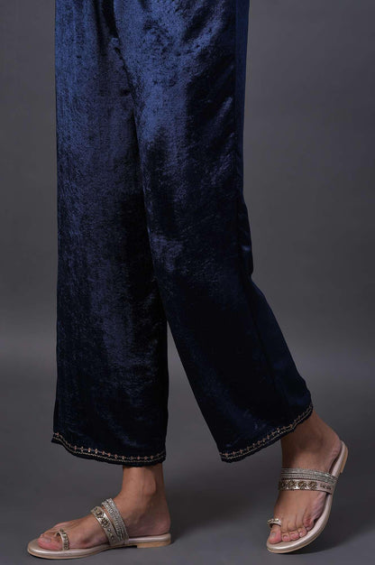 Navy Blue Velvet kurta With Embroidered Belt And Straight Pants - wforwoman