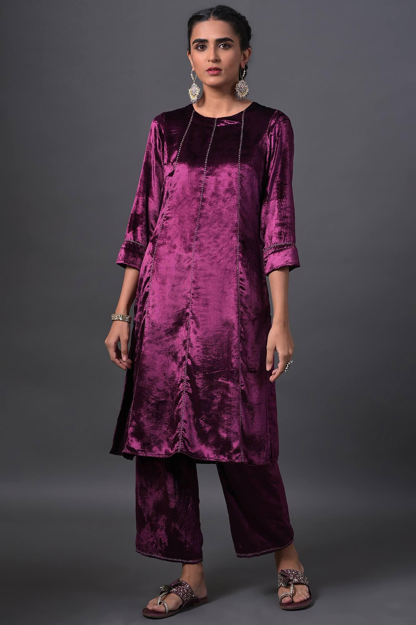 Purple Embroidered Velvet kurta With Straight Pants - wforwoman