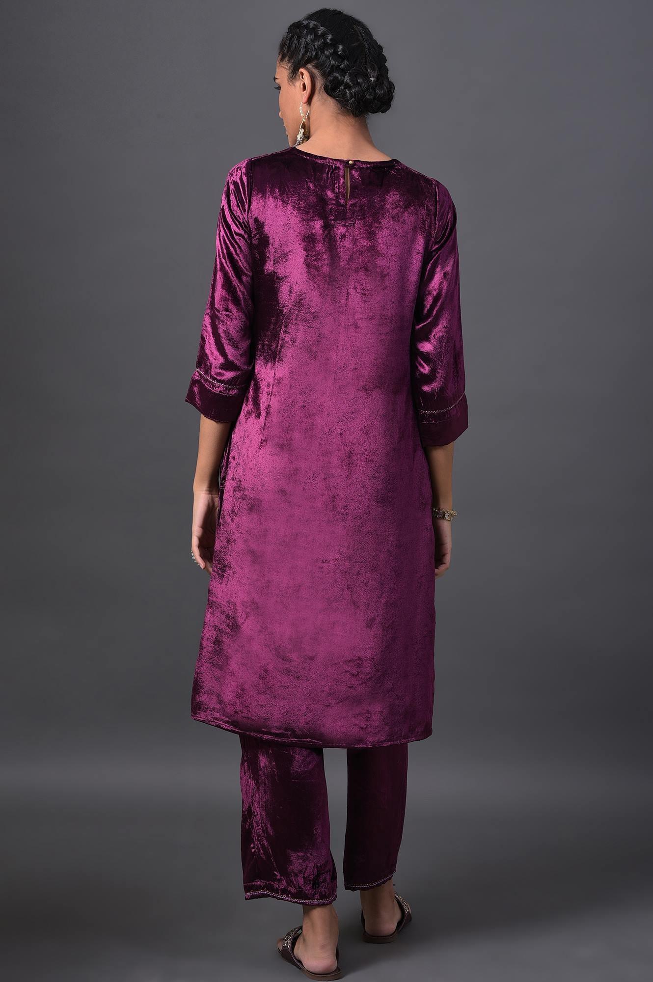 Purple Embroidered Velvet kurta With Straight Pants - wforwoman