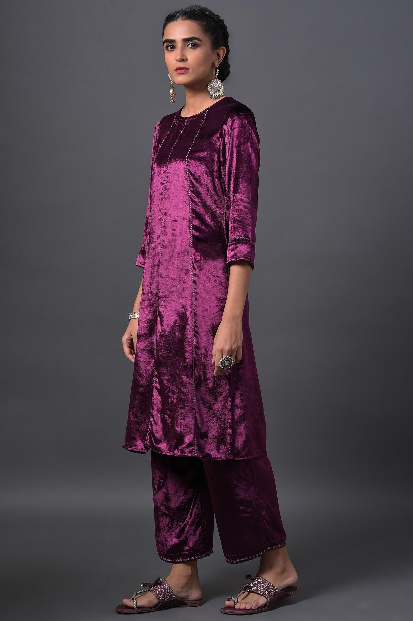 Purple Embroidered Velvet kurta With Straight Pants - wforwoman