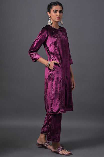 Purple Embroidered Velvet kurta With Straight Pants - wforwoman