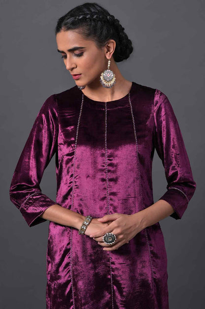 Purple Embroidered Velvet kurta With Straight Pants - wforwoman