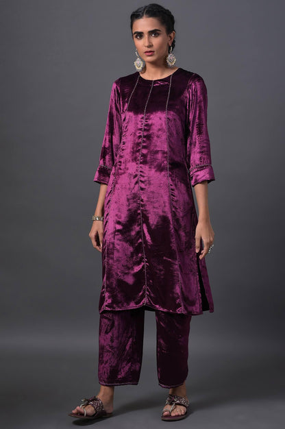 Purple Embroidered Velvet kurta With Straight Pants - wforwoman