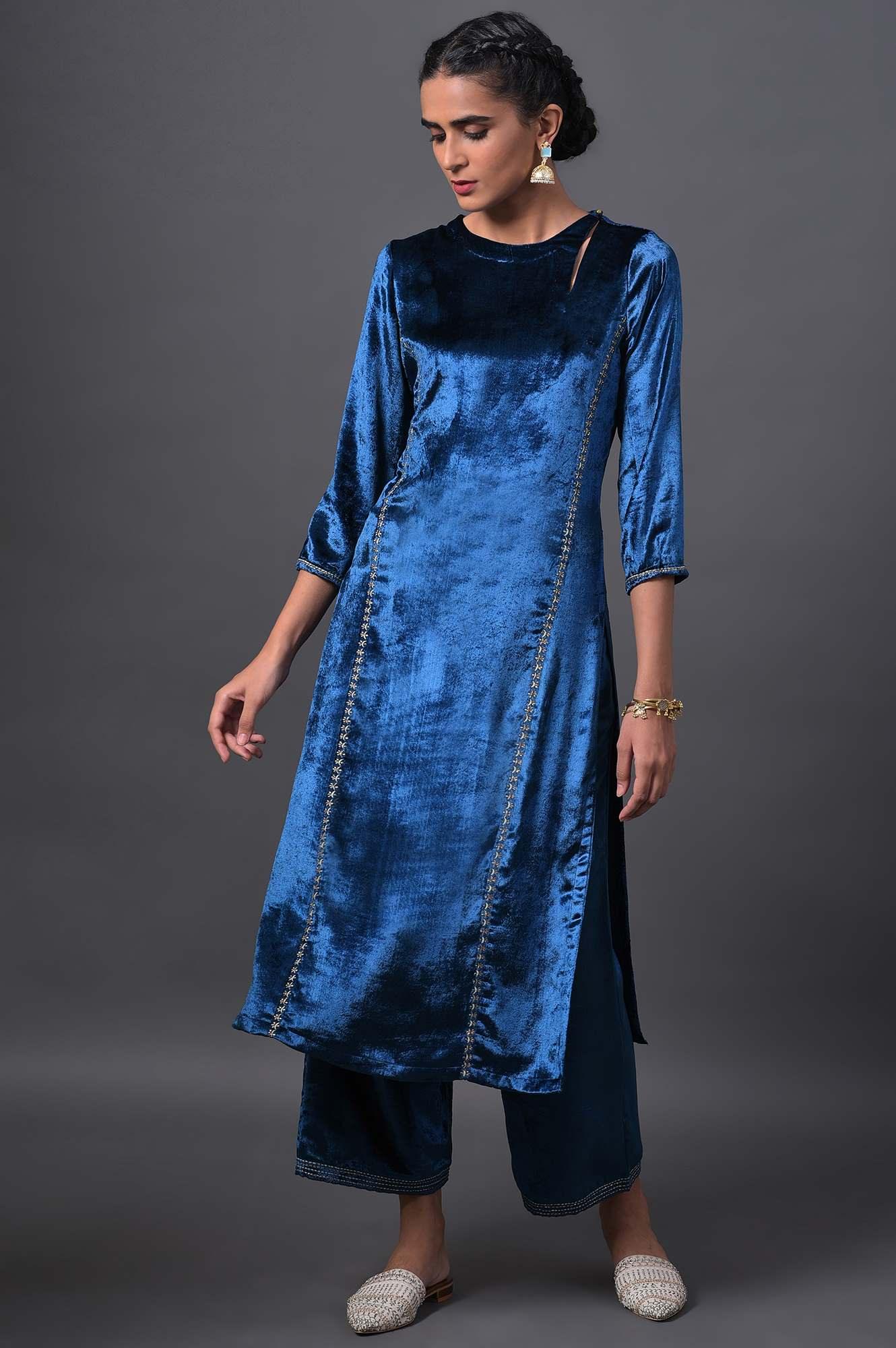 Teal Blue Embroidered Velvet kurta With Straight Pants - wforwoman