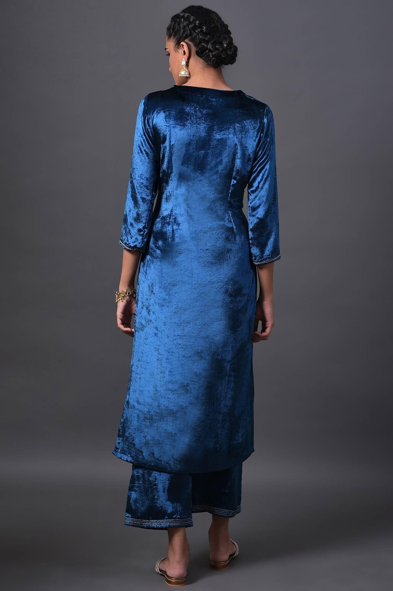 Teal Blue Embroidered Velvet kurta With Straight Pants - wforwoman