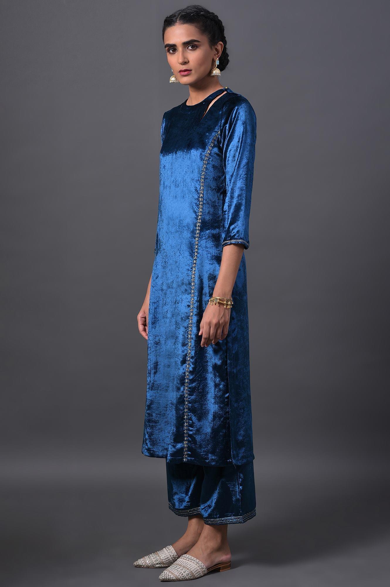 Teal Blue Embroidered Velvet kurta With Straight Pants - wforwoman