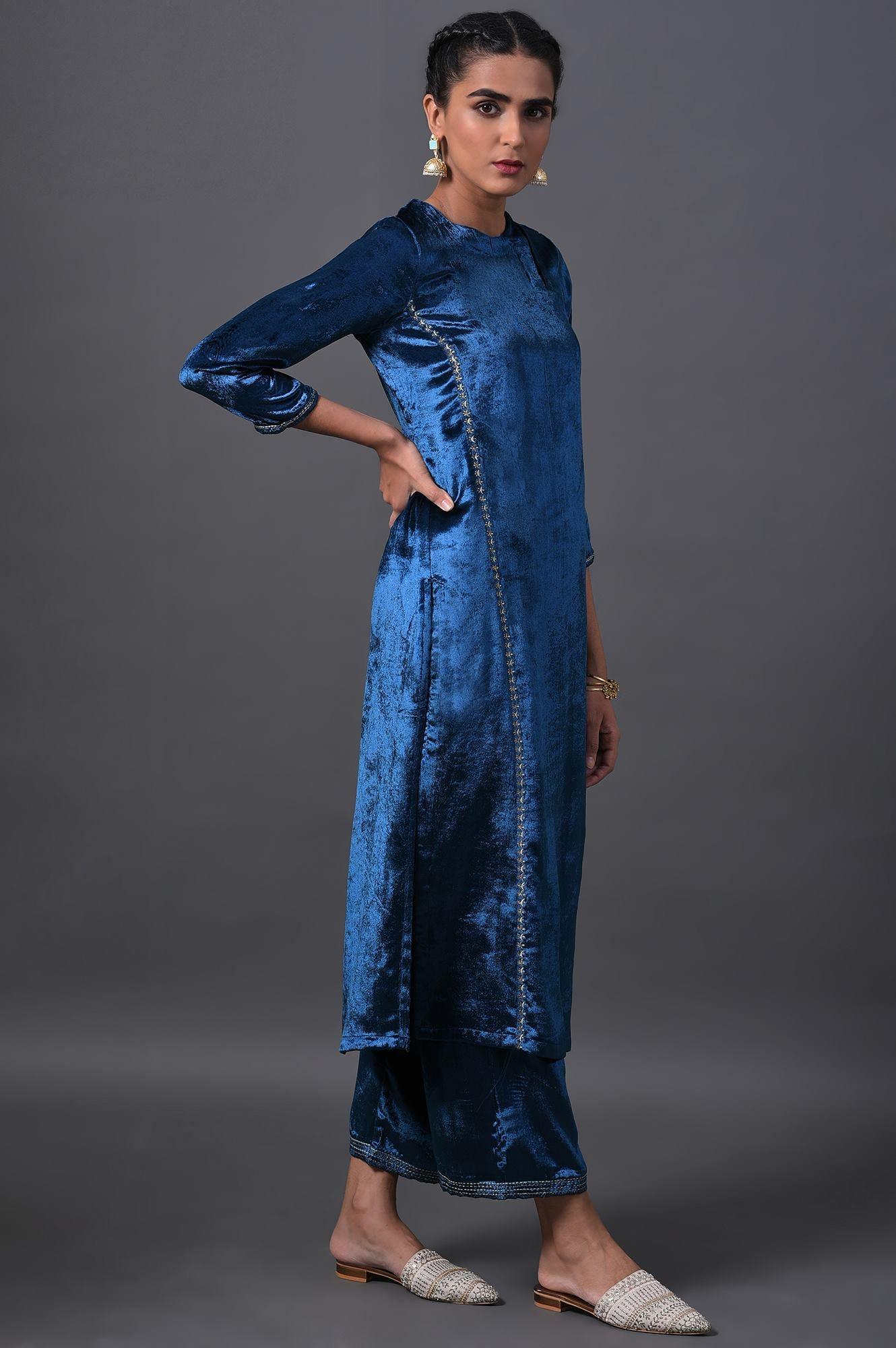 Teal Blue Embroidered Velvet kurta With Straight Pants - wforwoman