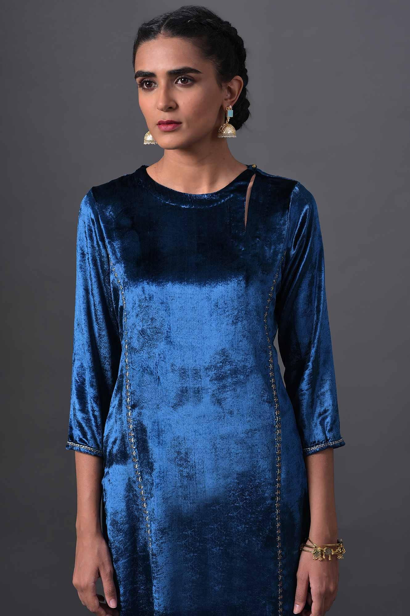 Teal Blue Embroidered Velvet kurta With Straight Pants - wforwoman