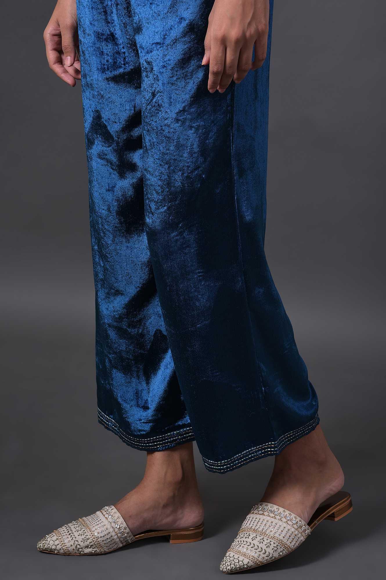 Teal Blue Embroidered Velvet kurta With Straight Pants - wforwoman