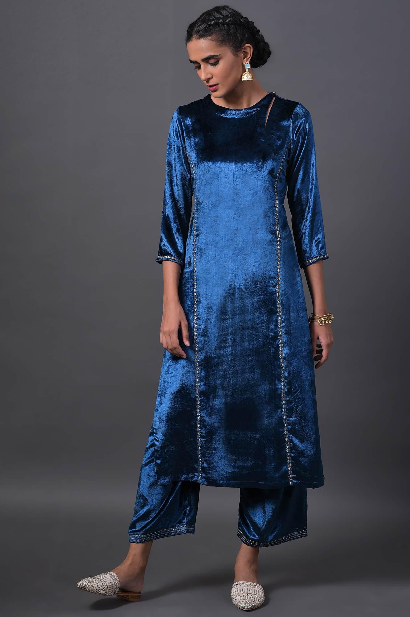 Teal Blue Embroidered Velvet kurta With Straight Pants - wforwoman