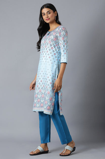 Sky Blue Floral Printed kurta In Round Neck With Blue Solid Trousers