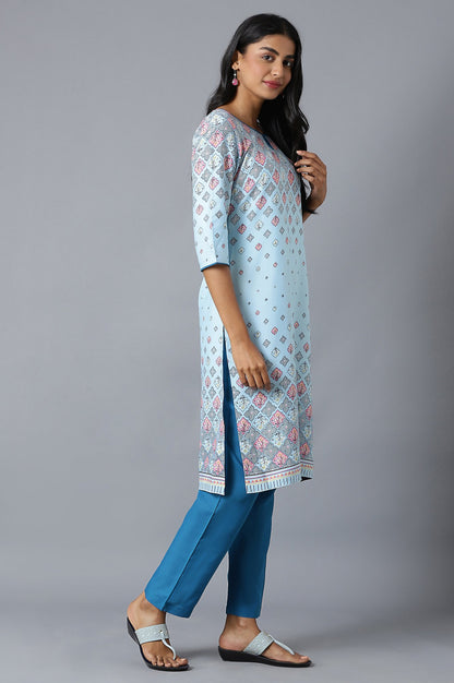 Sky Blue Floral Printed kurta In Round Neck With Blue Solid Trousers