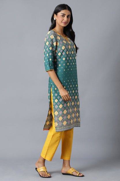 Algae Green Floral Printed kurta With Yellow Solid Trousers