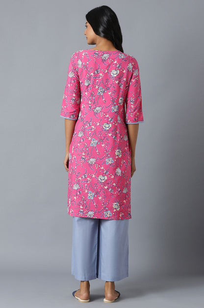 Pink Floral Printed kurta In Round Neck With Blue Straight Palazzo