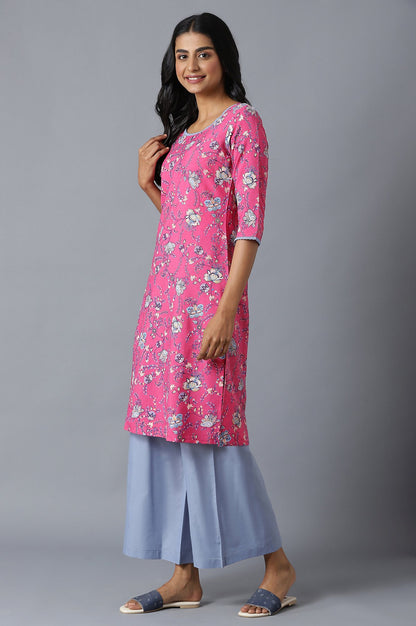 Pink Floral Printed kurta In Round Neck With Blue Straight Palazzo