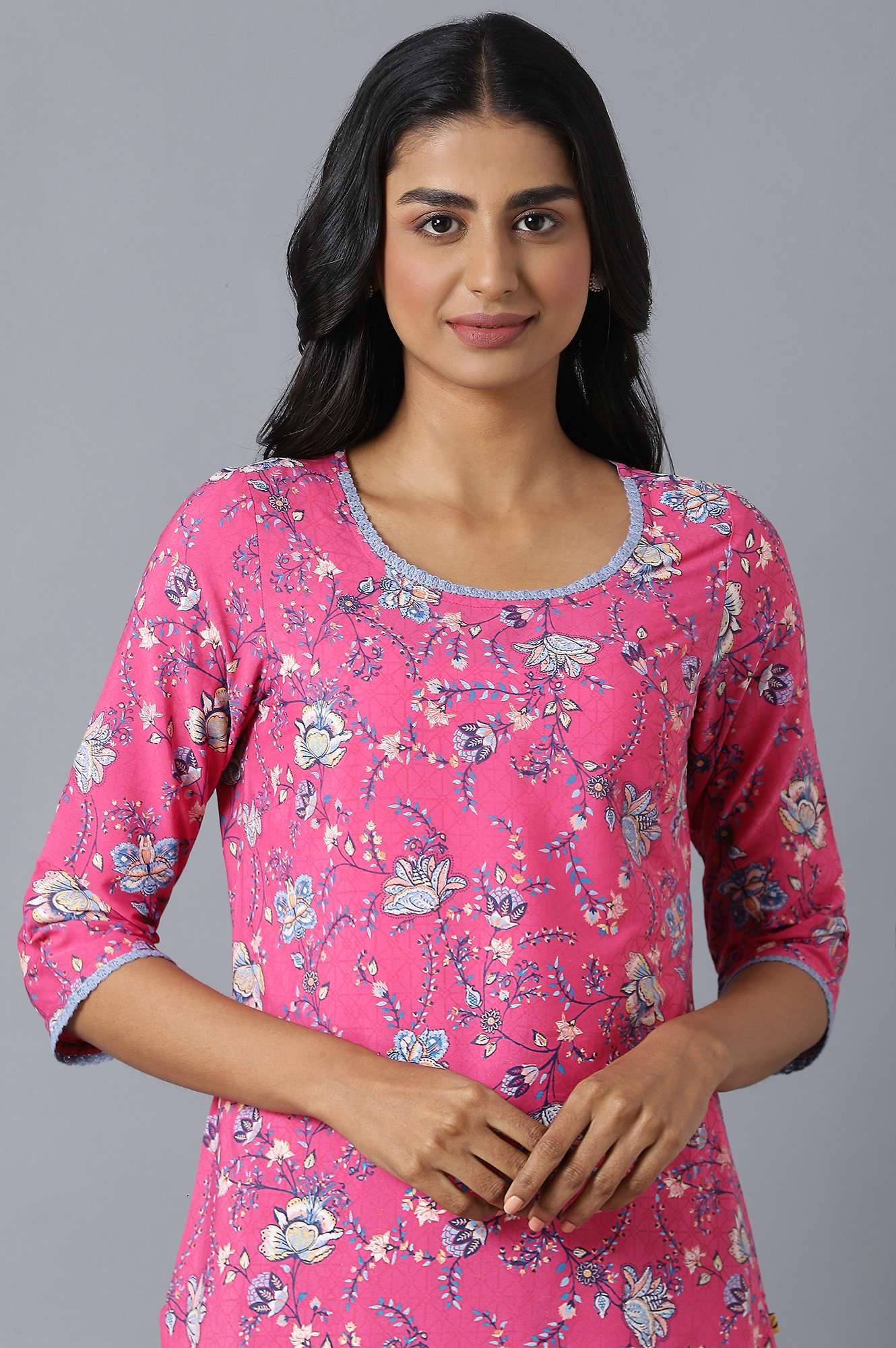 Pink Floral Printed kurta In Round Neck With Blue Straight Palazzo