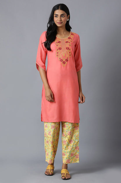 Peach Ethnic Round Neck Embroidered kurta With Yellow Printed Culottes