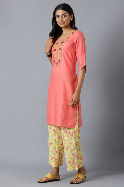 Peach Ethnic Round Neck Embroidered kurta With Yellow Printed Culottes