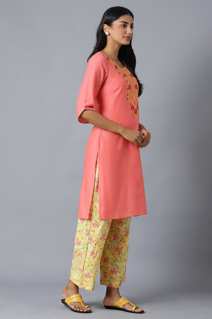 Peach Ethnic Round Neck Embroidered kurta With Yellow Printed Culottes