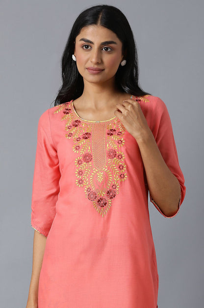 Peach Ethnic Round Neck Embroidered kurta With Yellow Printed Culottes