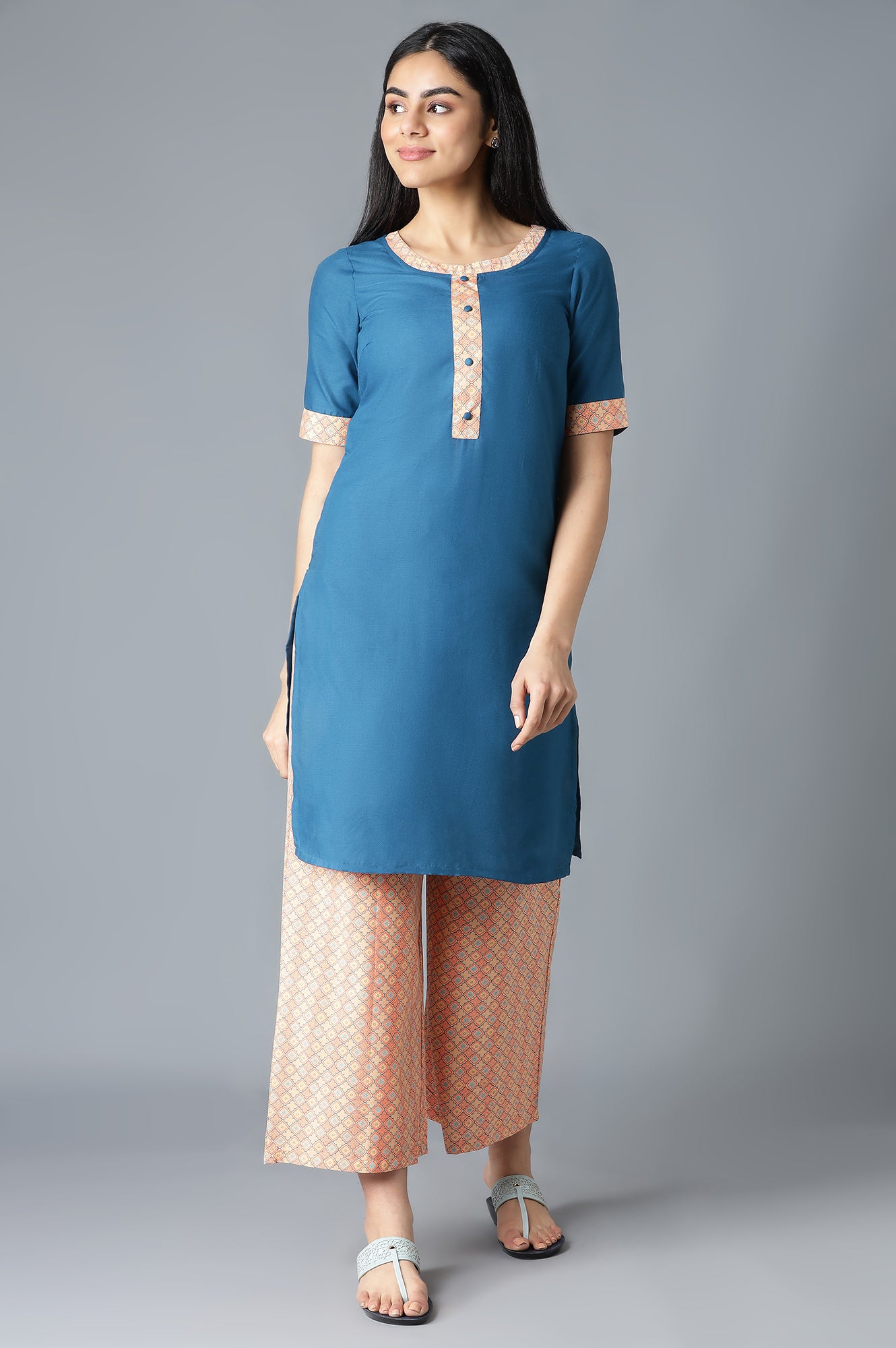 Teal Blue Solid Straight kurta With Floral Print Straight Palazzo