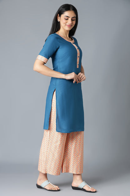 Teal Blue Solid Straight kurta With Floral Print Straight Palazzo