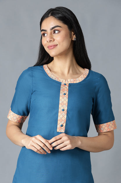 Teal Blue Solid Straight kurta With Floral Print Straight Palazzo