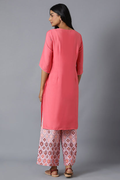 Pink Embroidered kurta In Round Neck With Pink Straight Palazzo