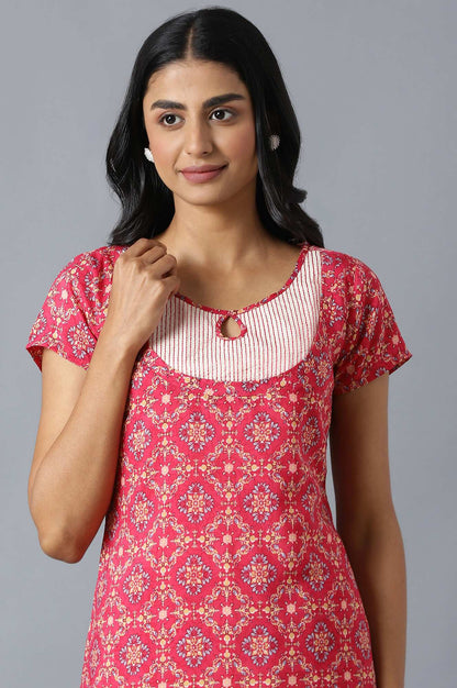 Pink Floral Printed kurta In Round Neck With Natural Straight Palazzo