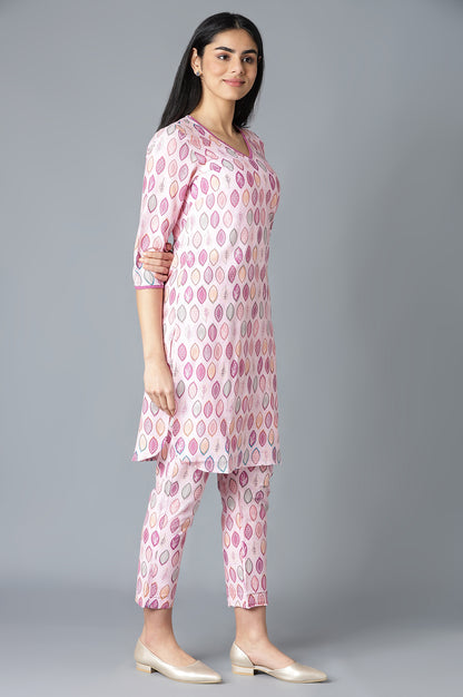 Pink Floral Printed V-Neck kurta With Straight Trousers