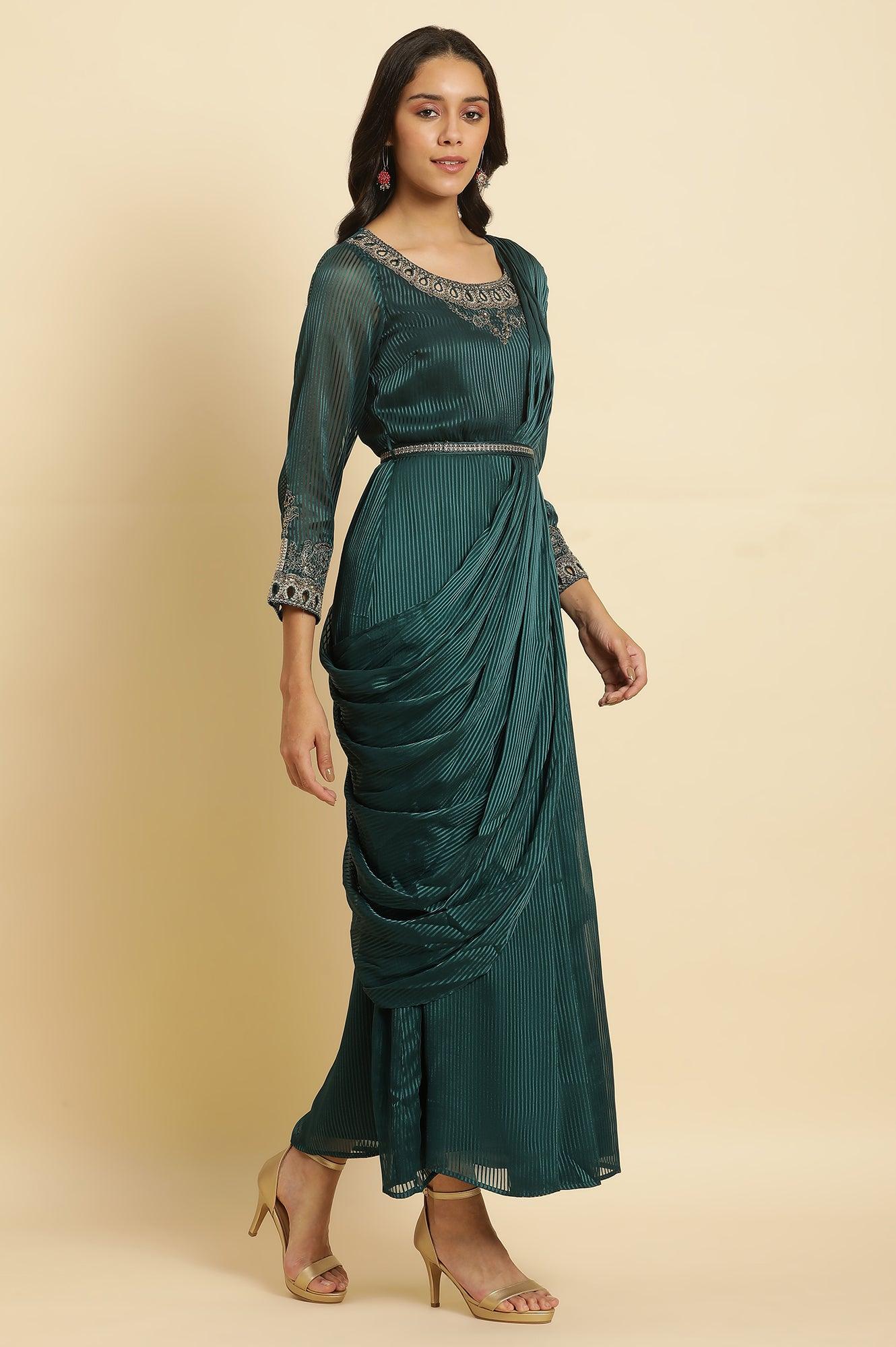 Green Embelloshed Predrape Saree Dress - wforwoman