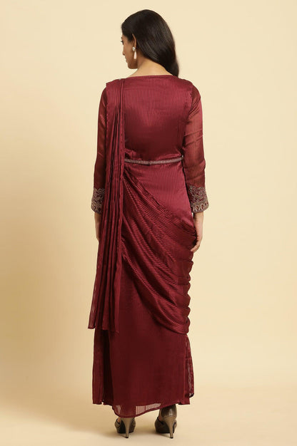 Maroon Jewelled Neck Pre-Drape Saree Dress - wforwoman