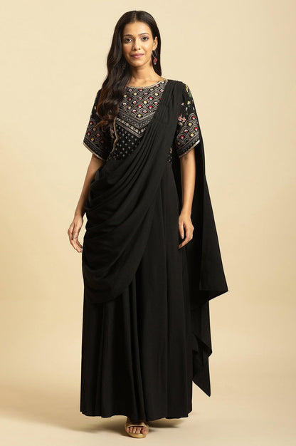 Black Predrape Sarre Dress With Multi-Coloured Embroidery - wforwoman