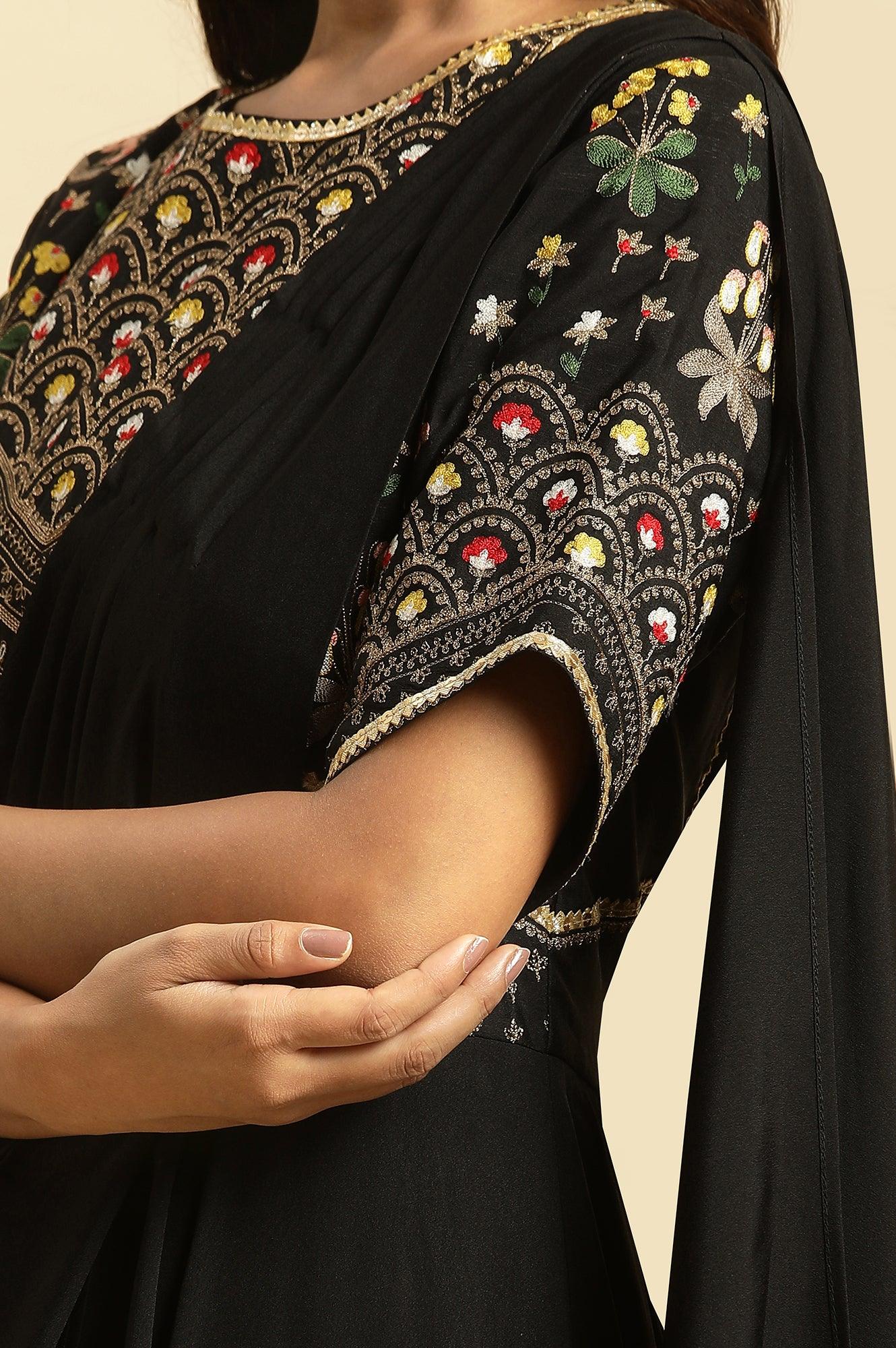 Black Predrape Sarre Dress With Multi-Coloured Embroidery - wforwoman